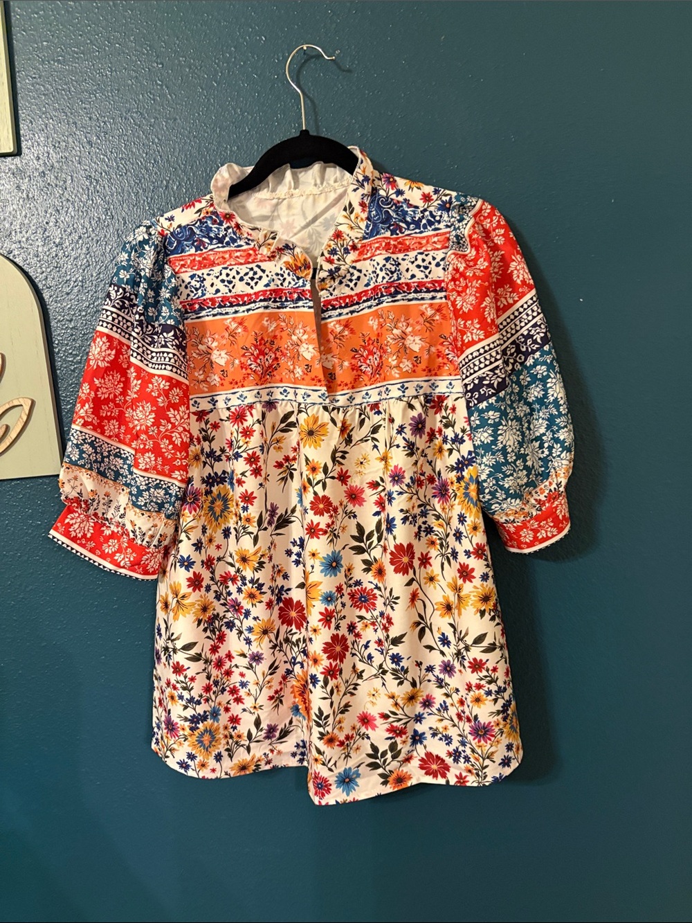 SHEIN Floral Patchwork Blouse - Cream, orange & Blue